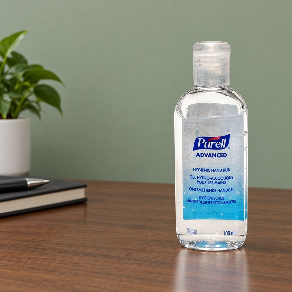Purell Advanced 100 ml på mørkt skrivebord ved grøn væg, stemningsbillede