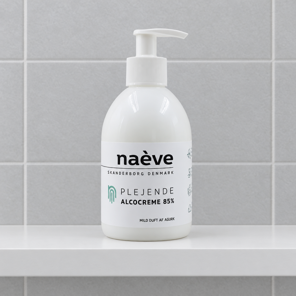 Naeve Alcocreme med mild agurkeduft på hvid hylde foran fliser