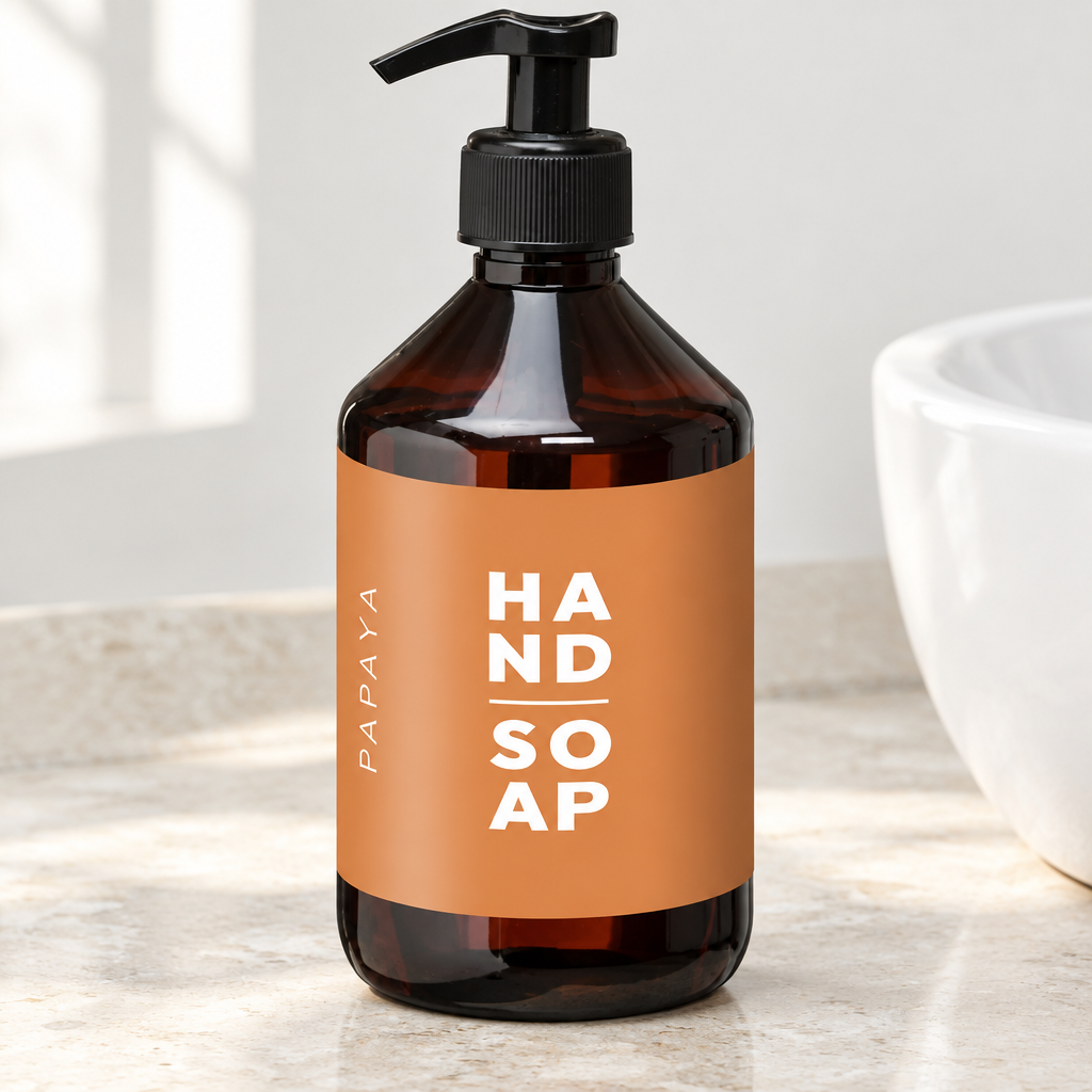 Luxus Papaya 500 ml pumpeflaske ved en lys håndvask