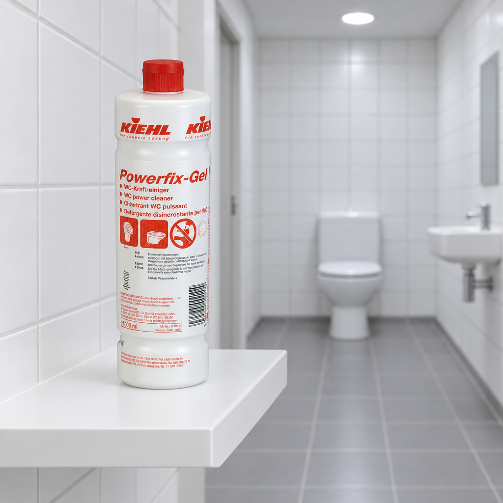 Kiehl Powerfix-Gel 1 L på hylde med toilet i baggrunden