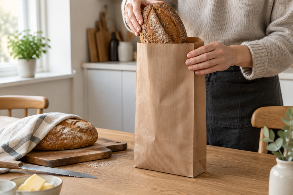 Miljøbillede af grovbrødspose 1062 på køkkenbord med brød