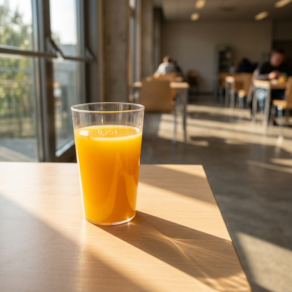 Appelsinjuice i et klart plastglas på et solbeskinnet kantinebord