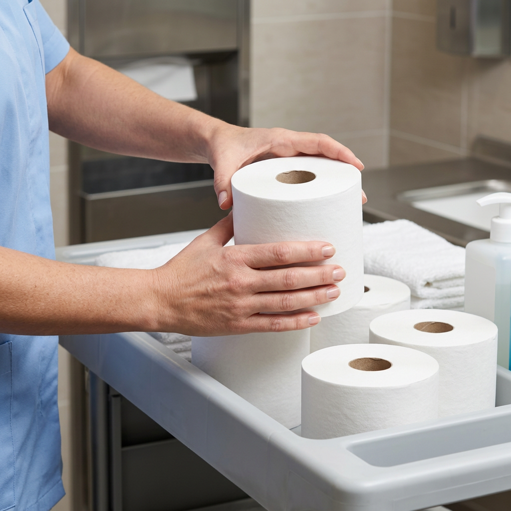 Medarbejder klargør en SmartOne Mini-toiletrulle ved servicevogn