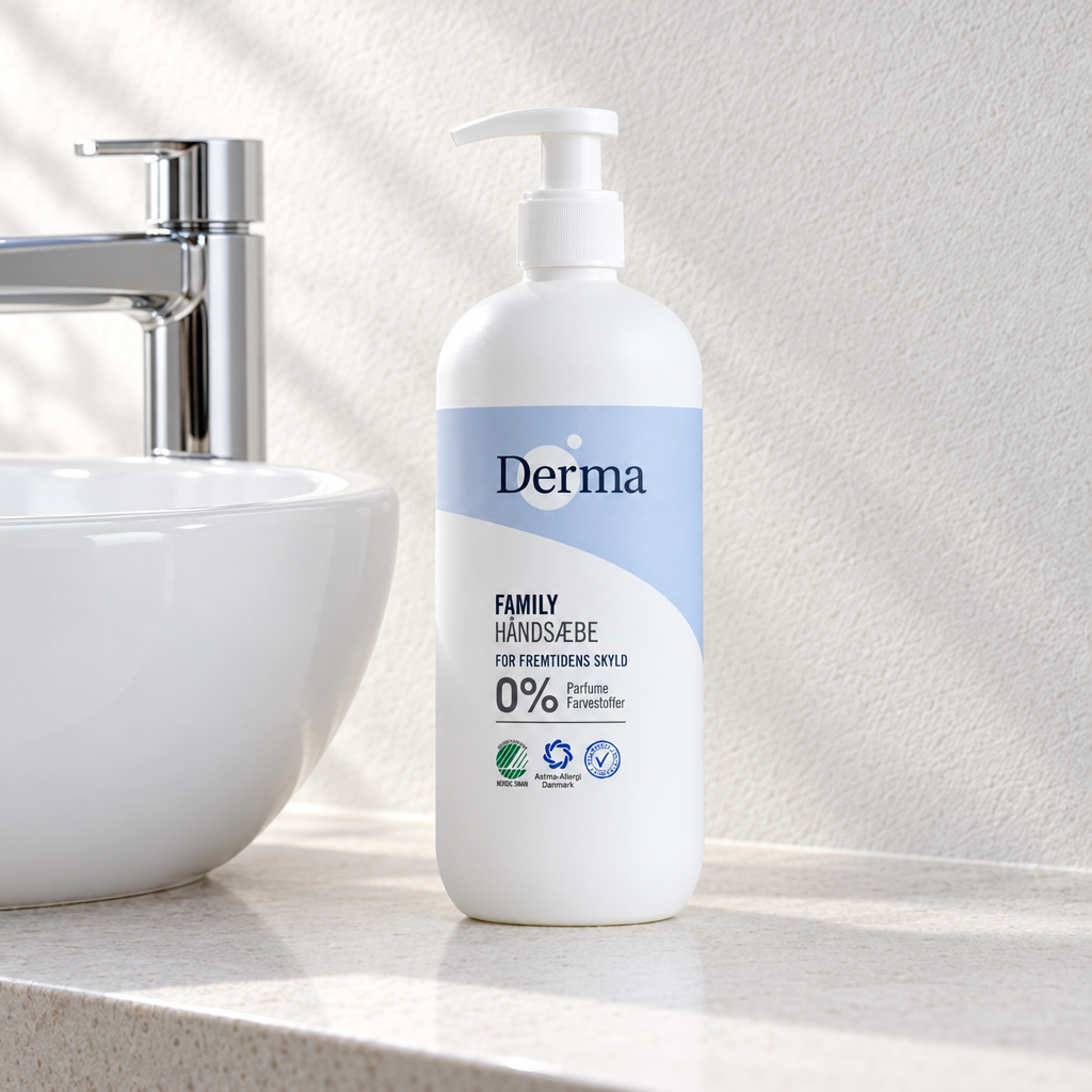 Hvid DERMA Family pumpeflaske ved en lys keramisk håndvask