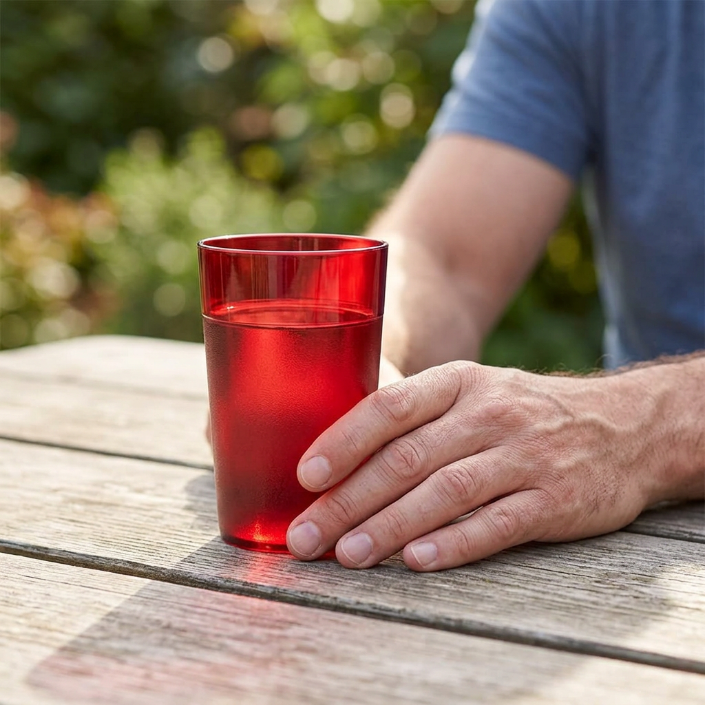 Voksen holder om et rødt polyglas med vand ved et picnicbord