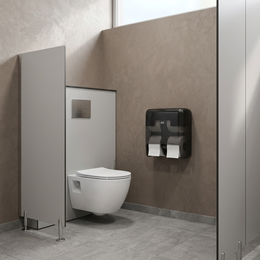 Voksen medarbejder ser til sort Tork OptiServe T7-dispenser i toiletkabine