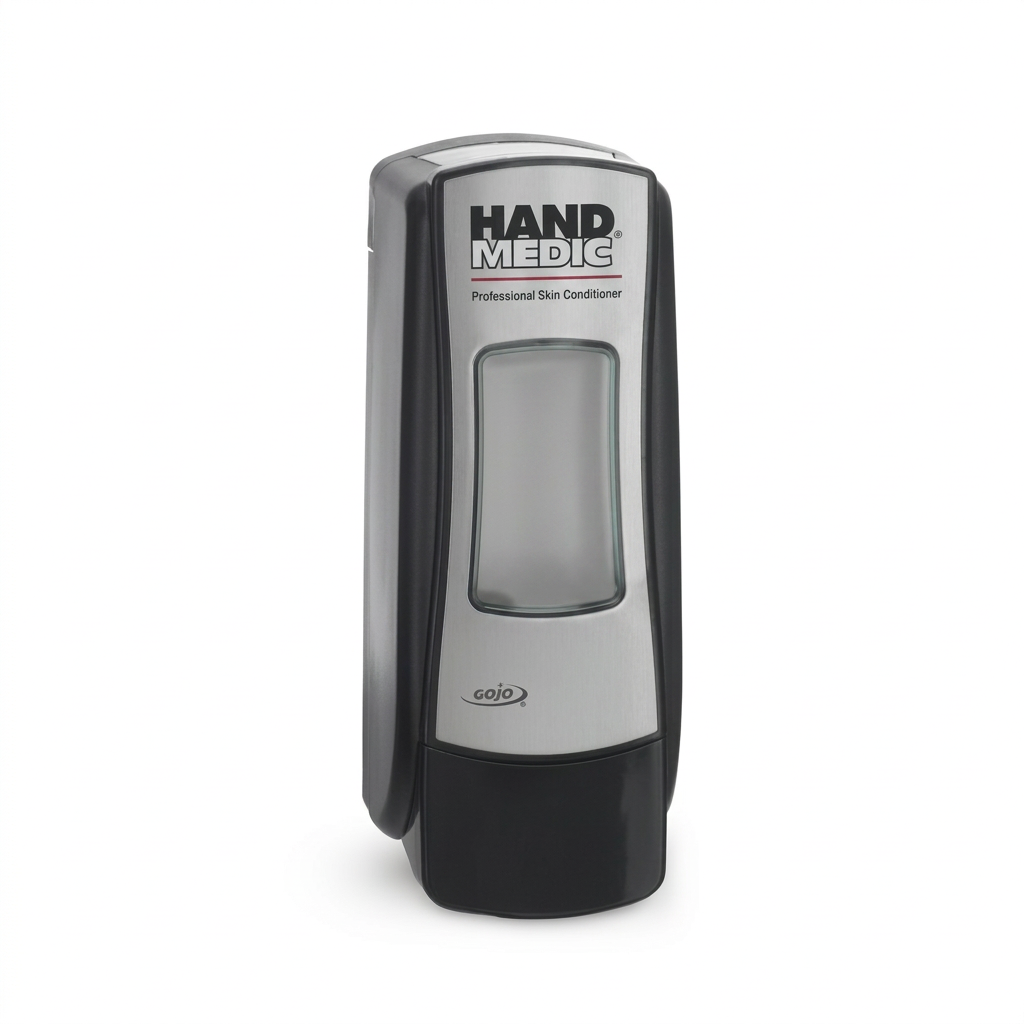 GOJO Hand Medic-dispenser i sort og krom på hvid baggrund, genereret produktillustration
