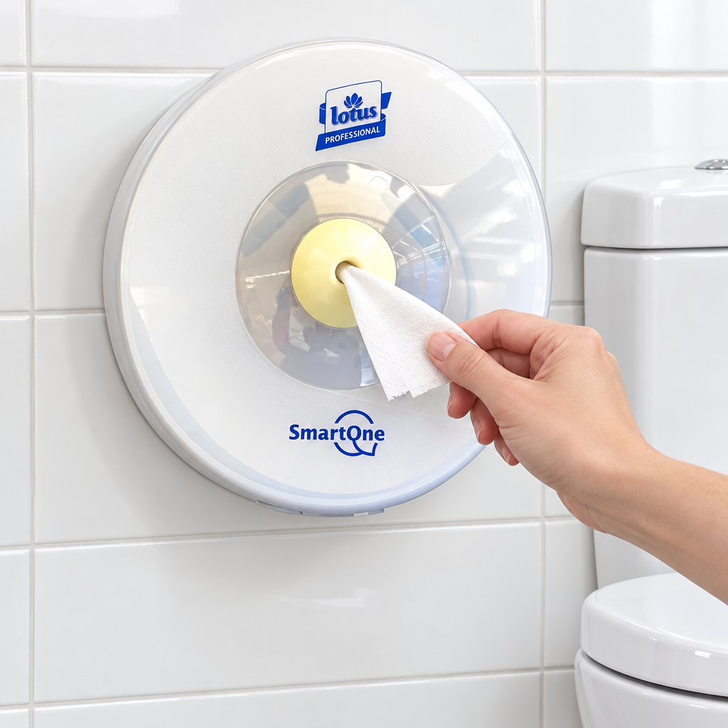 Hvid Lotus SmartOne Mini T9-dispenser med papirudtag ved toilet i hvidt rum