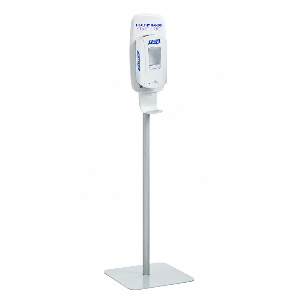 Purell-gulvstander på hvid baggrund, illustreret med separat dispenser og drypbakke