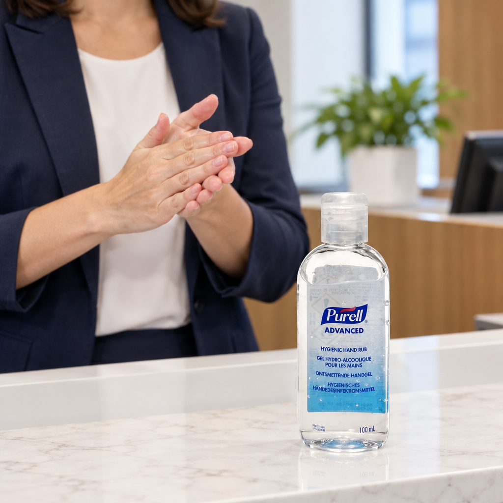 Illustreret håndindgnidning ved reception med Purell Advanced 100 ml på disken