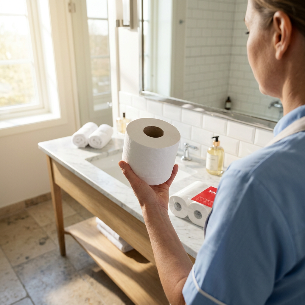 Medarbejder holder en toiletrulle i solbelyst badeværelse