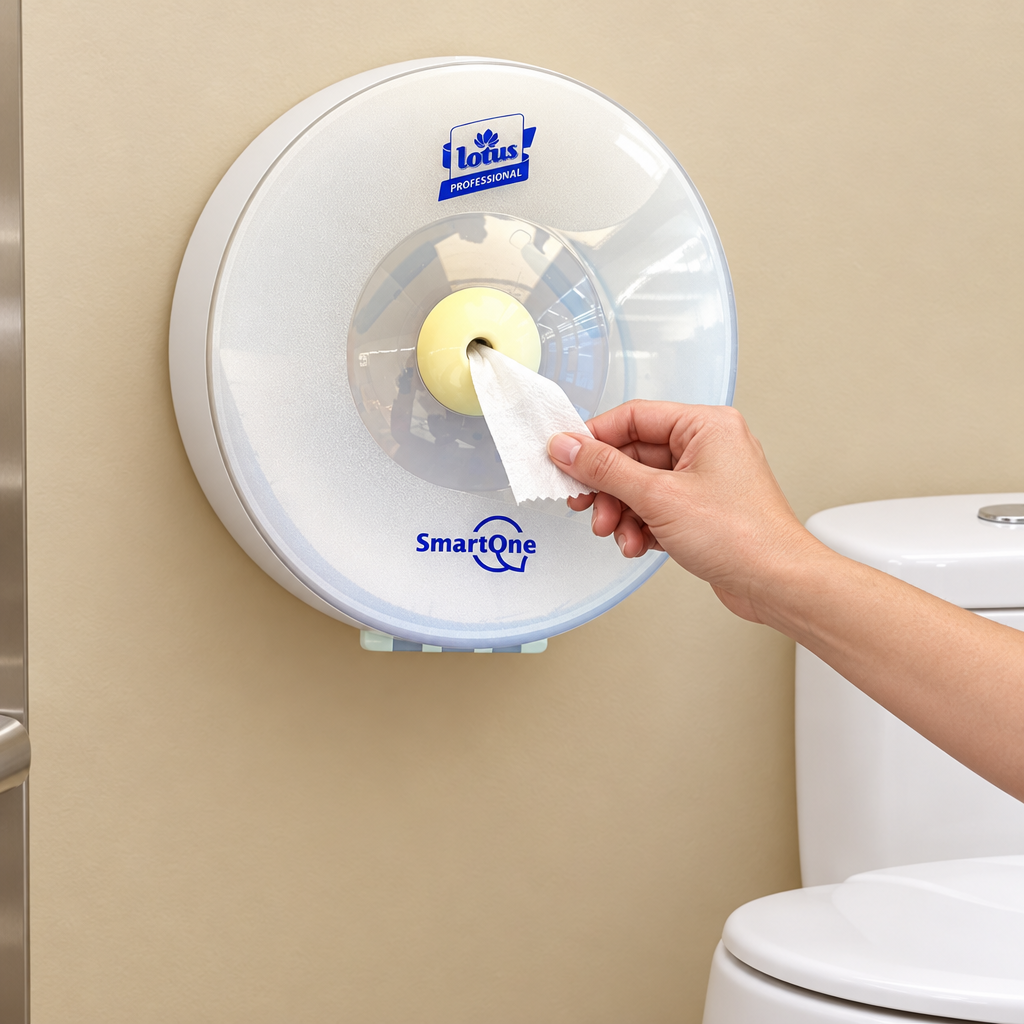 Papirudtag fra hvid Lotus SmartOne Mini-dispenser i beige toiletrum