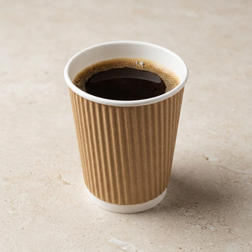 Brunt Ripple-Wrap kaffebæger 24 cl med kaffe på lys stenbordplade