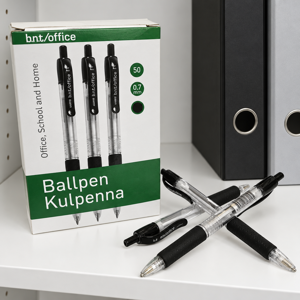 Æske med sorte BNT Office-kuglepenne og løse penne på en hylde ved brevordnere