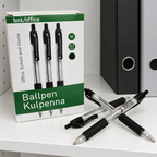 Æske med sorte BNT Office-kuglepenne og løse penne på en hylde ved brevordnere