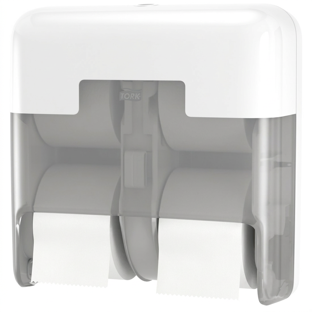 Hvid Tork OptiServe T7 558051 med transparent underdel og to papirudtag på hvid baggrund