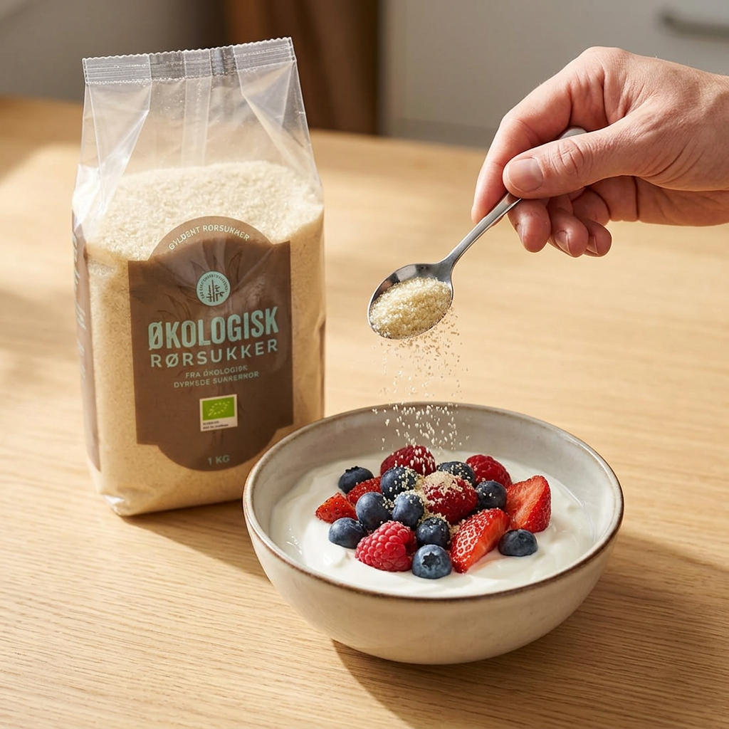 Lyst gyldent rørsukker drysses fra en ske over bær og yoghurt