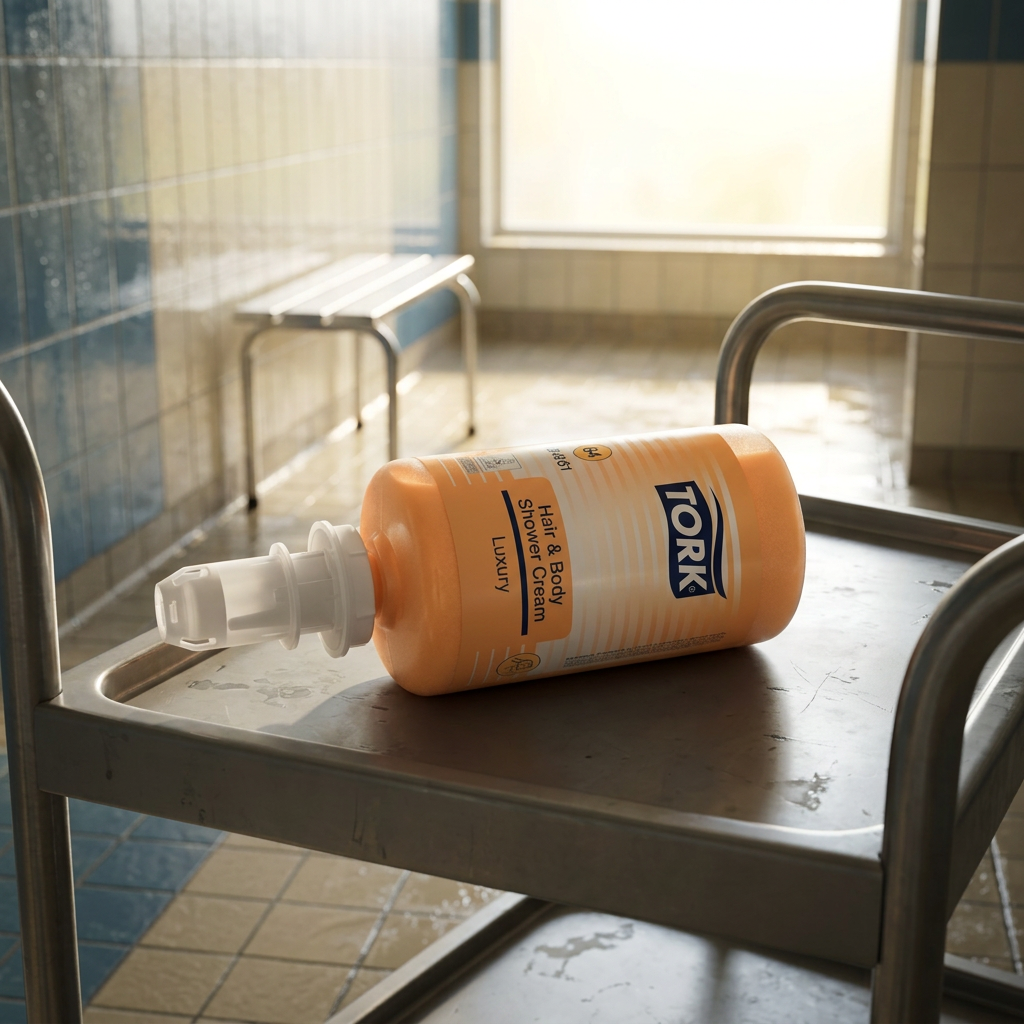 Tork S4 Hair & Body-refill på servicevogn ved sportsfacilitetens bruserum