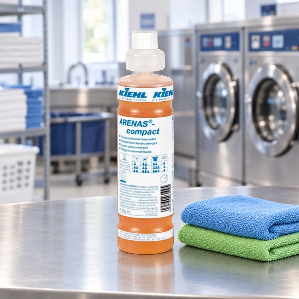 Kiehl Arenas Compact 1 L ved blå og grønne mikrofiberklude i vaskeri