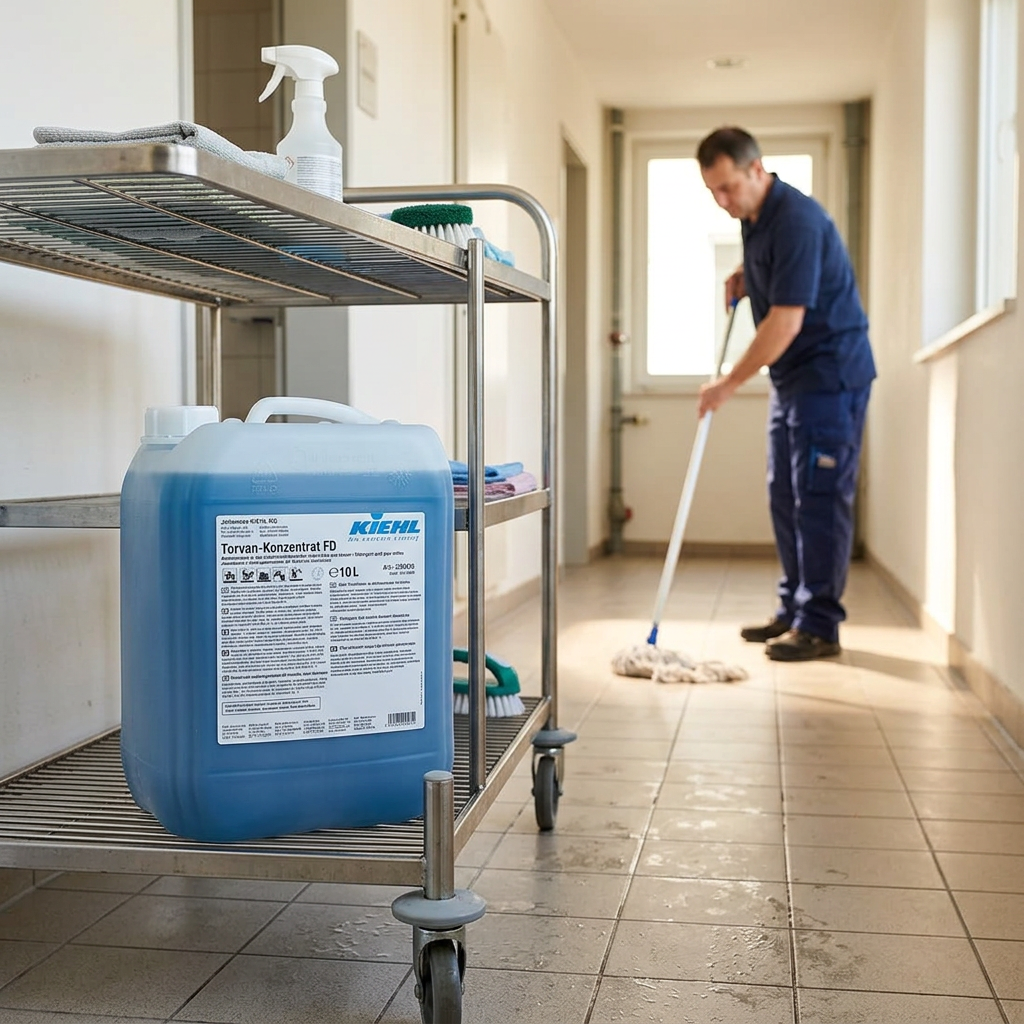 Kiehl Torvan FD på vogn ved gulvvask i solrig servicekorridor