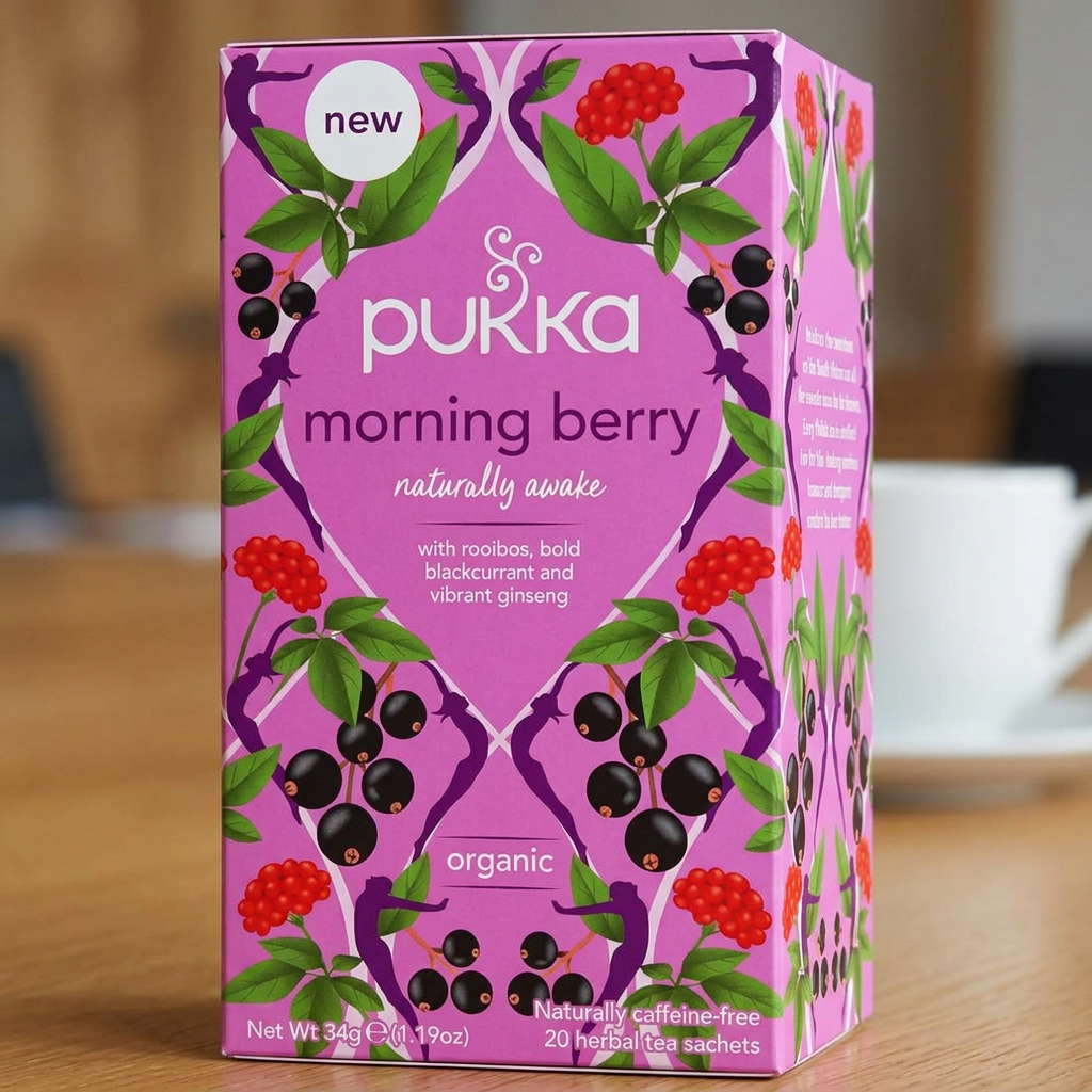 Pukka Morning Berry på et træbord med en kop i baggrunden