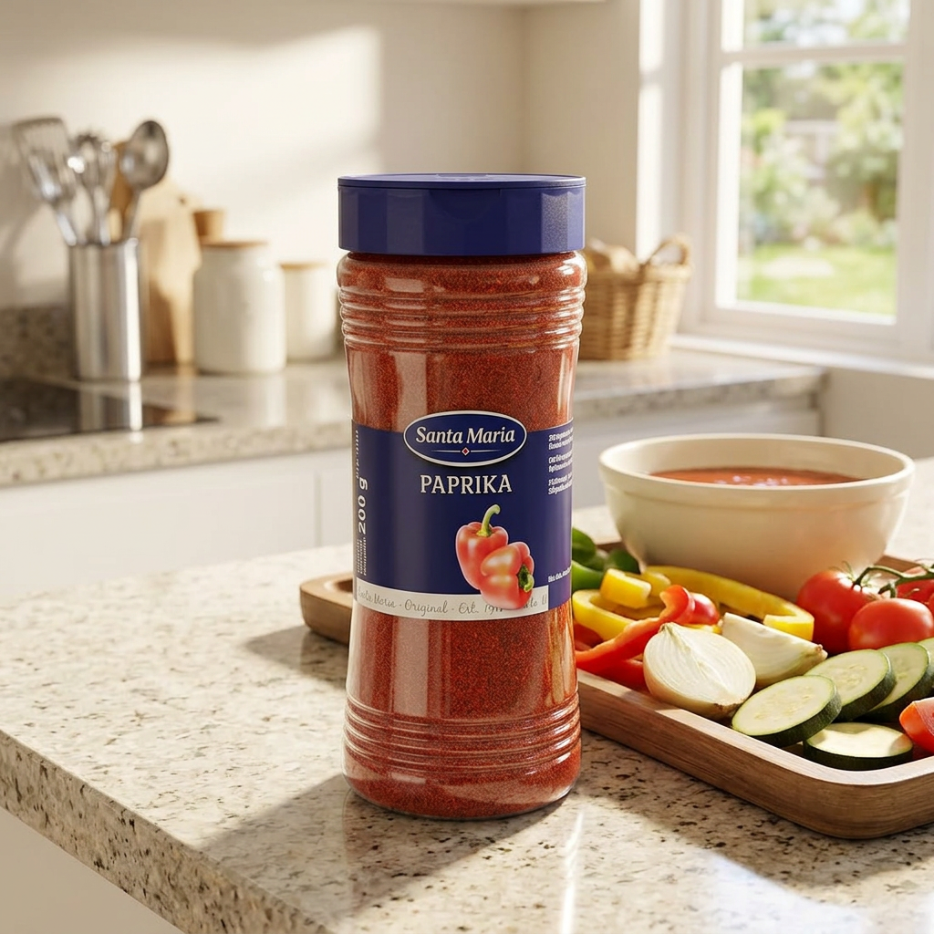 Paprika Santa Maria ved grøntsager og marinade i et lyst køkken