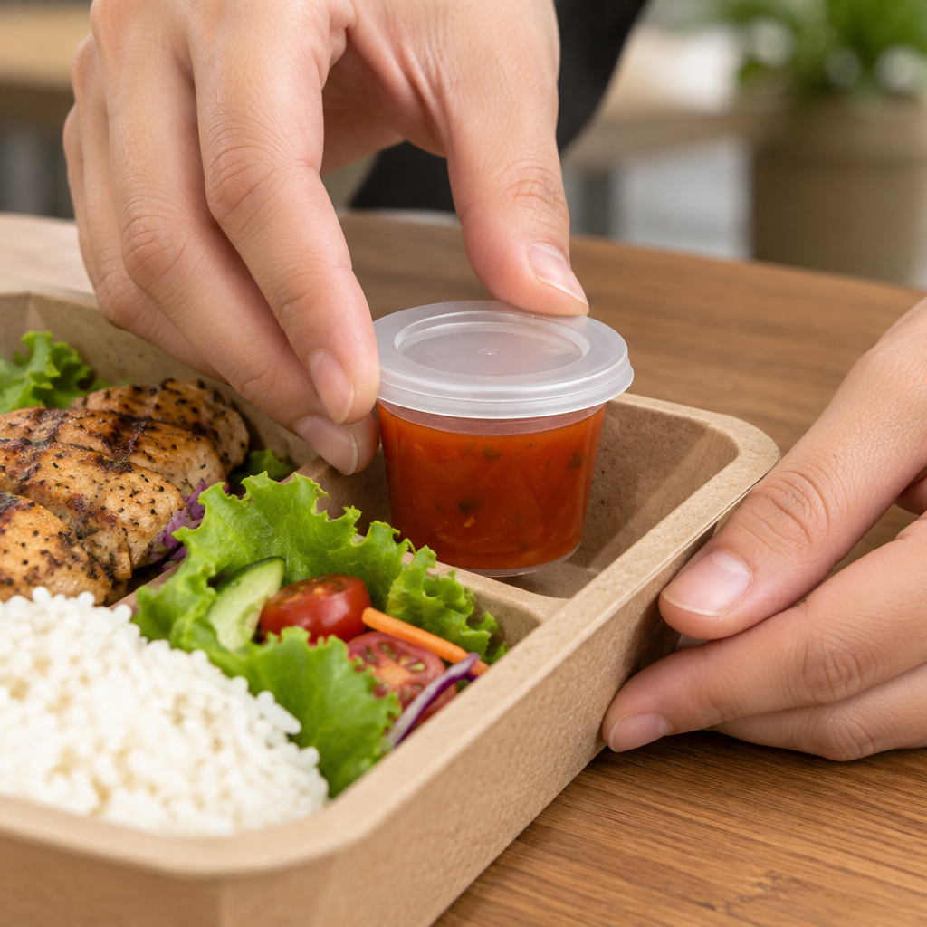 Brugssituation: dipbæger med låg placeres ved et takeawaymåltid