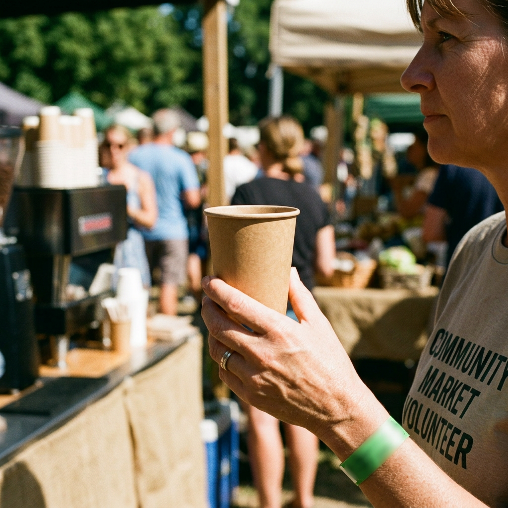 Voksen frivillig med brunt kaffebæger uden tryk ved solrigt udendørs arrangement