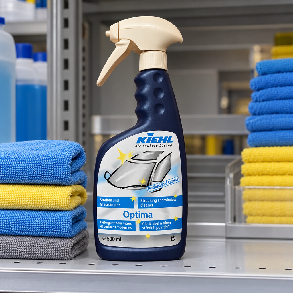 Kiehl Optima 500 ml spray på depothylde med klude, stemningsbillede