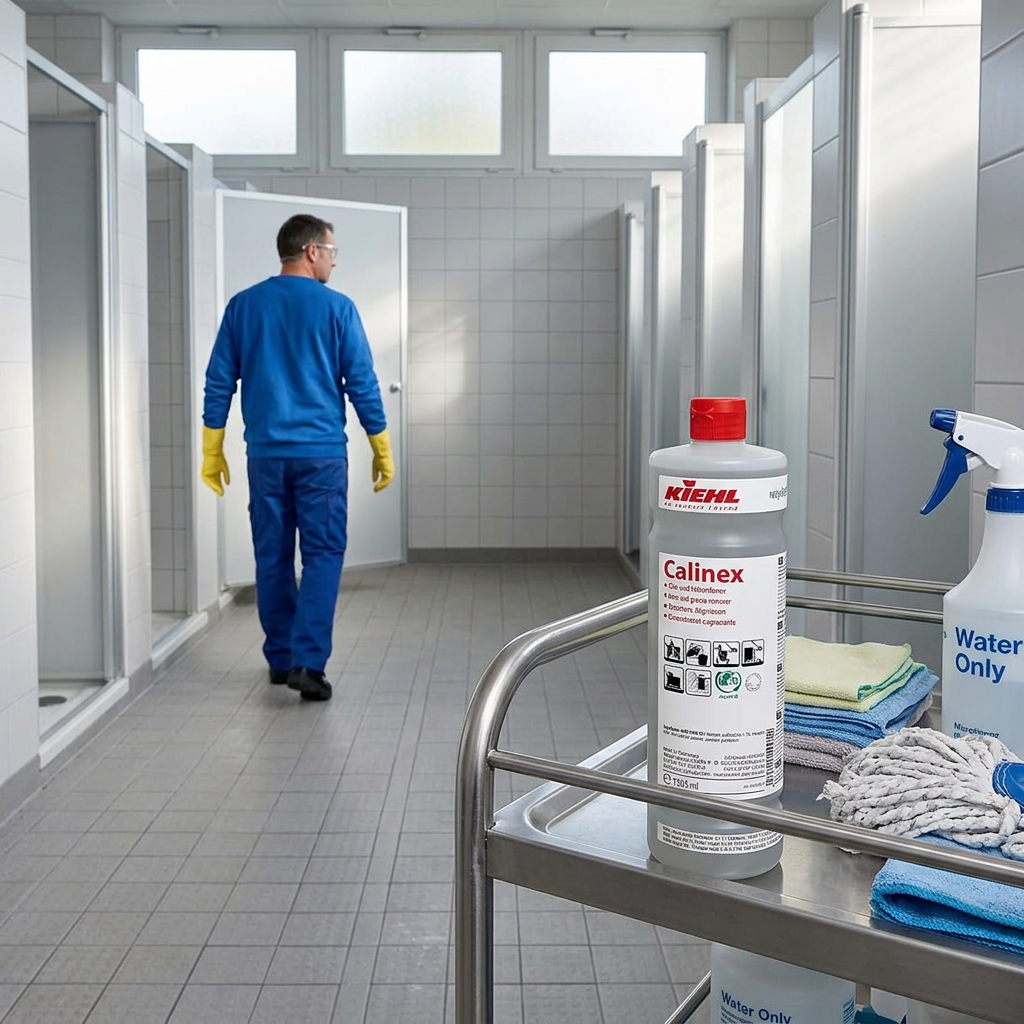 Lukket Kiehl Calinex 1 L på rengøringsvogn ved tomme brusebåse, med klude og separat vandflaske, stemningsbillede