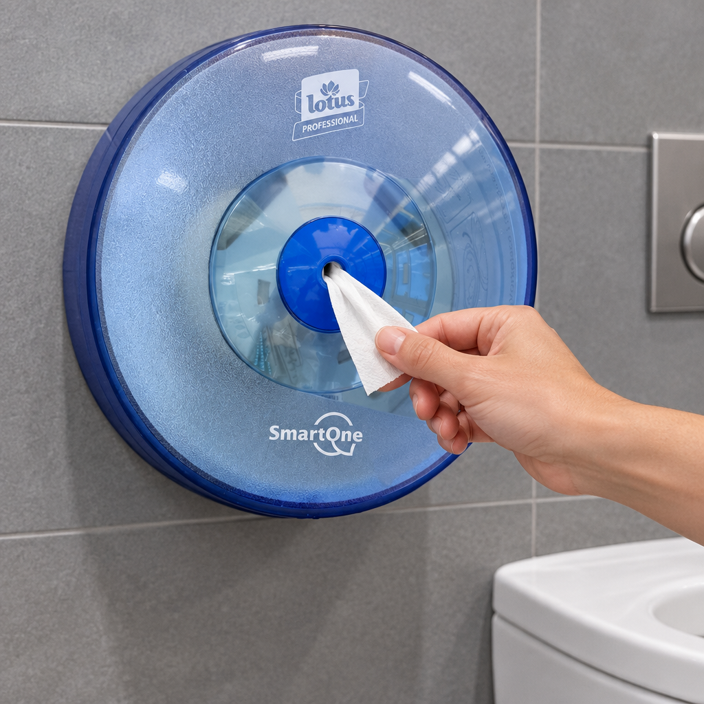 Papirudtag fra blå SmartOne Mini T9-dispenser i gråt toiletrum