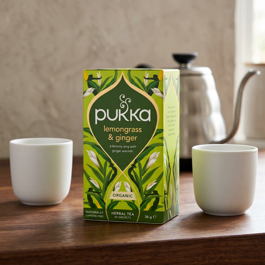 Pukka Lemongrass & Ginger ved en testation med kopper og tekande