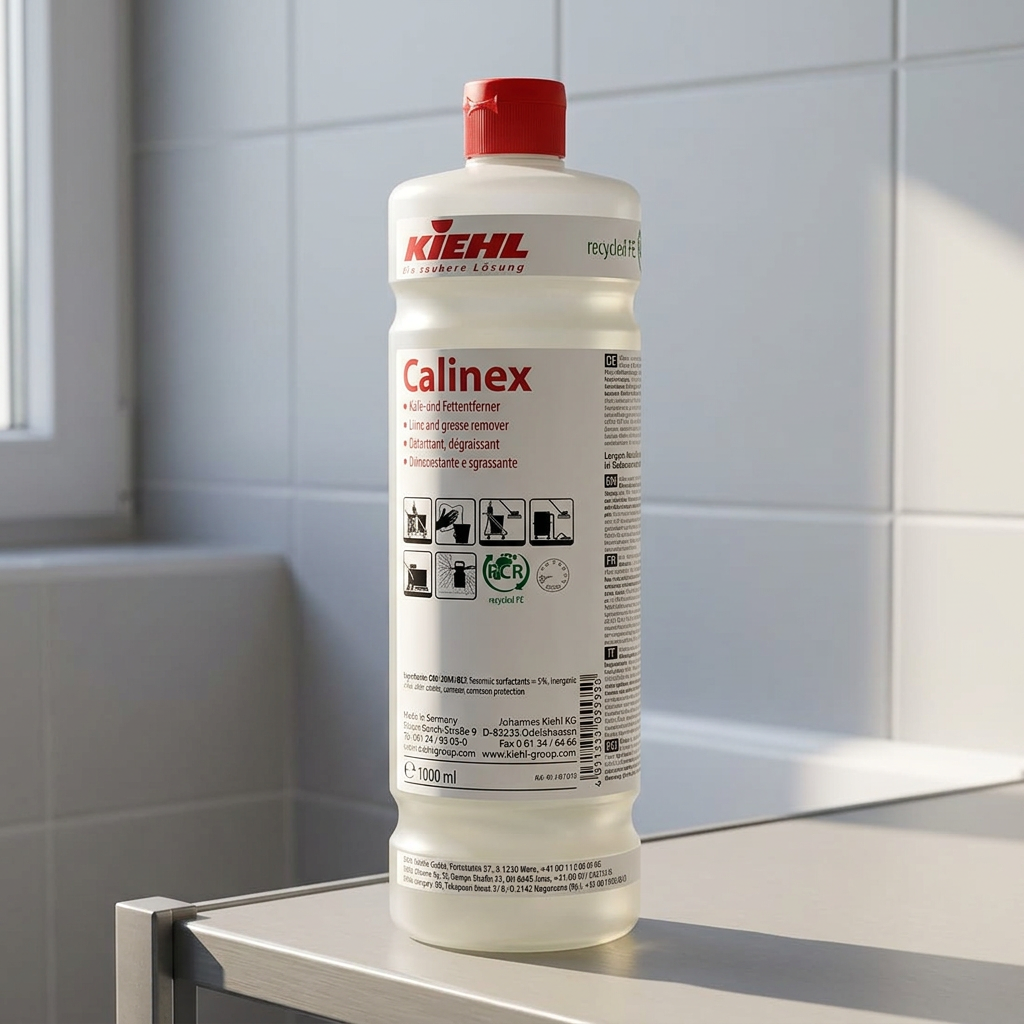 Calinex 1 liter ved en flisevæg i et sanitetsområde med sollys