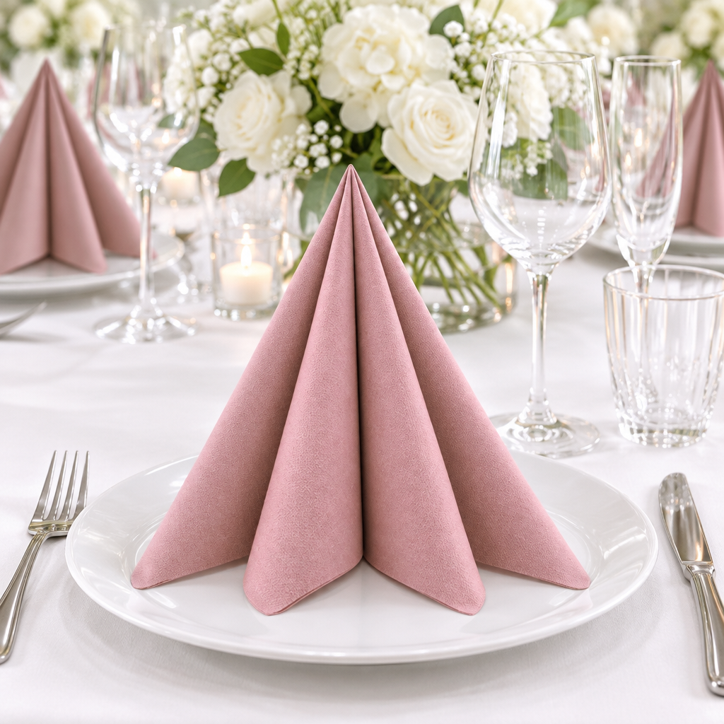 Festbord med rosa Airlaid-servietter og hvide blomster