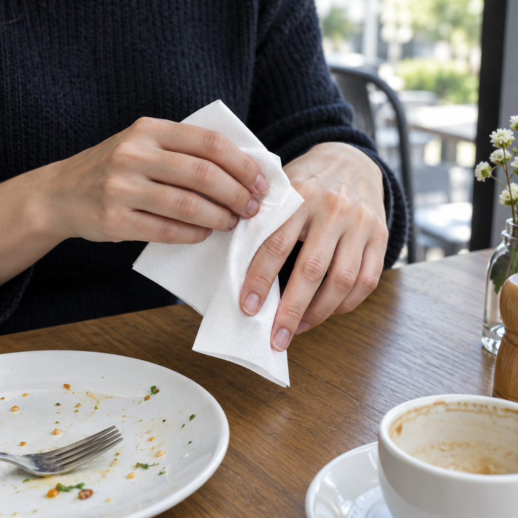 Hvid papirserviet i brug til aftørring af fingre på café, stemningsbillede