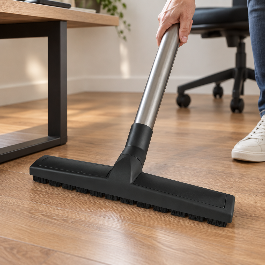 Sort 36 cm børstemundstykke i brug på trægulv ved skrivebord, genereret brugsbillede