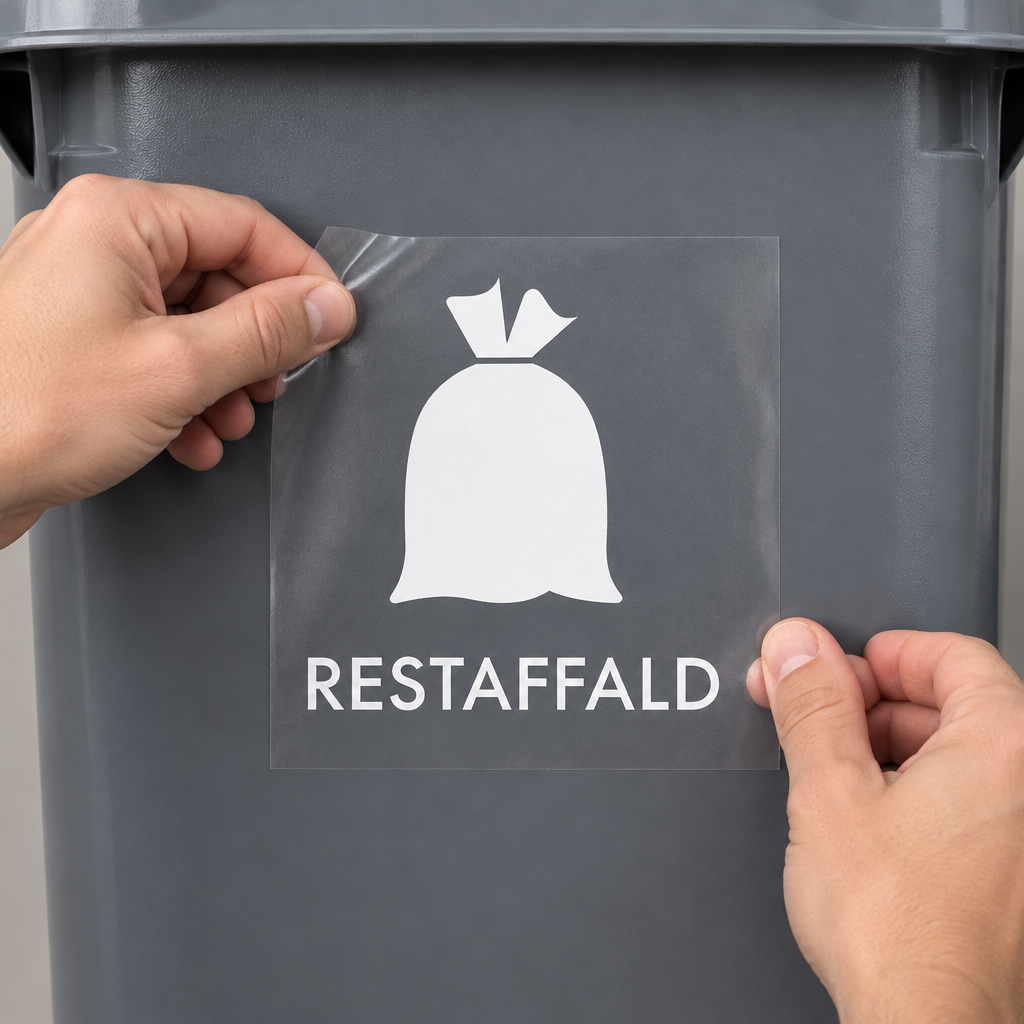 Montering af hvidt restaffaldspiktogram med applikationstape på grå beholder
