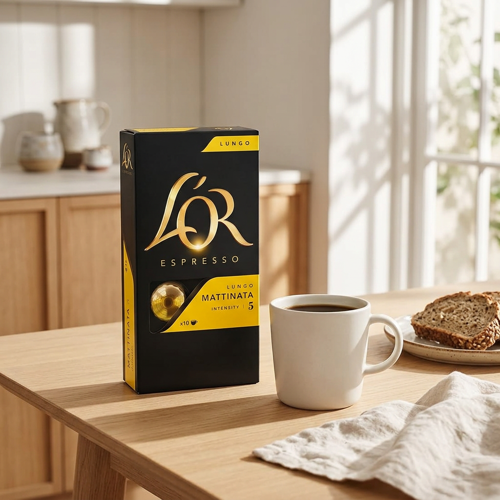 L’OR Lungo Mattinata 5 ved kaffe og brød i sollyst køkken