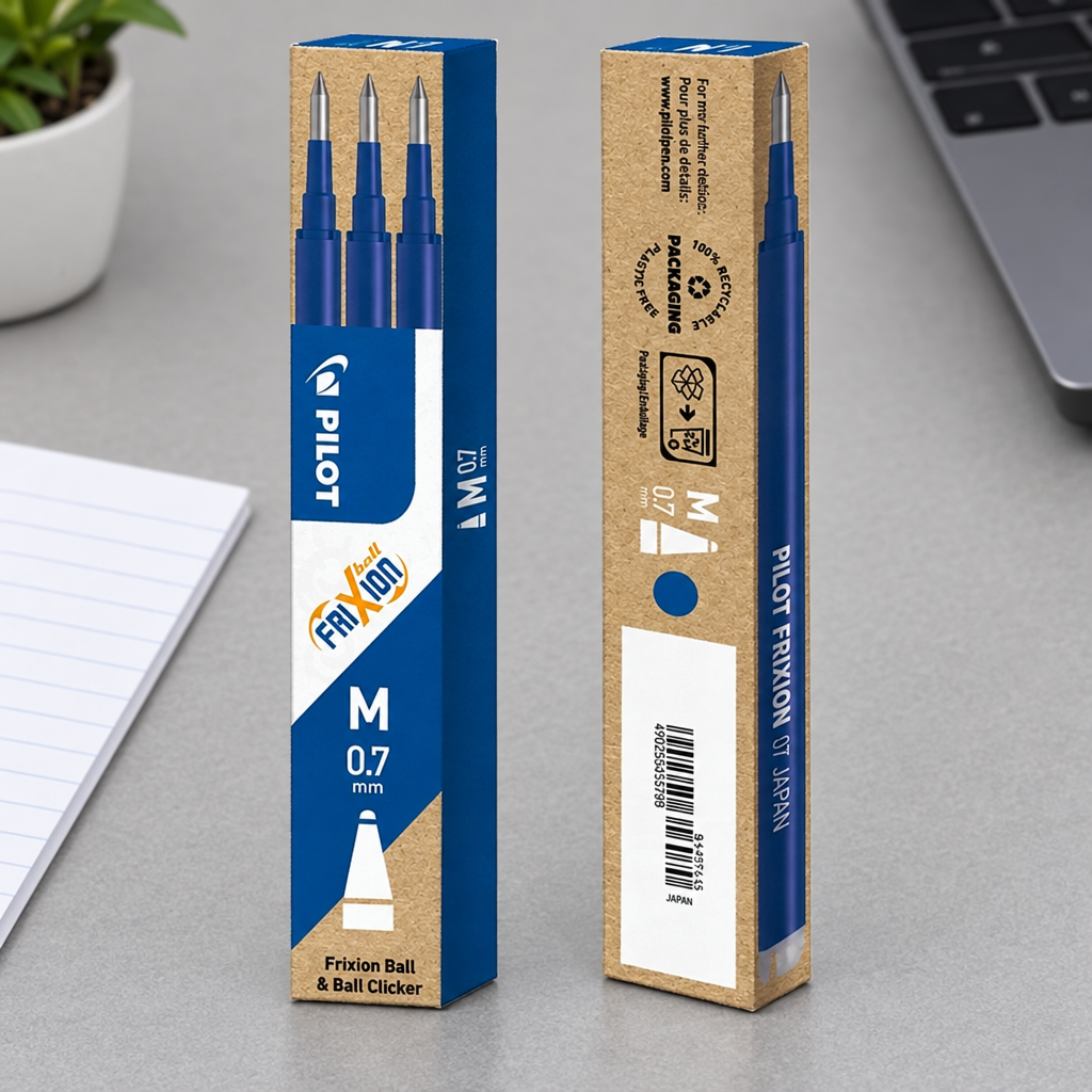 For- og bagside af blå Pilot FriXion 0,7 mm-refillpakke ved papir på gråt bord, genereret miljøbillede