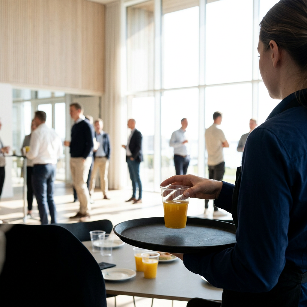 Servering af juice i klare plastglas ved en konference