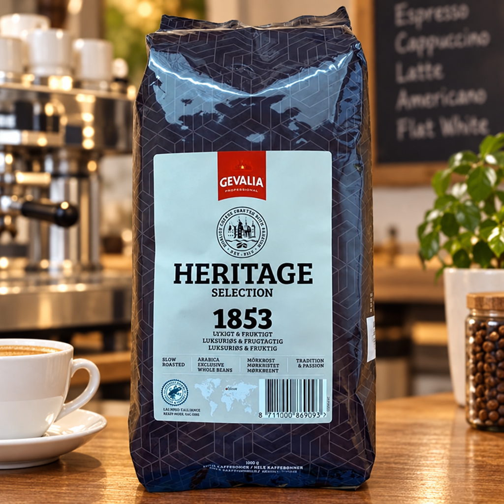 Gevalia Heritage Selection 1853 kaffebønner i mørk pose ved espresso på cafébord, stemningsbillede