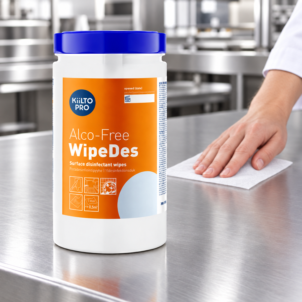 Kiilto Pro Alco-Free WipeDes ved illustreret aftørring af et tomt stålbord med en tynd engangsserviet