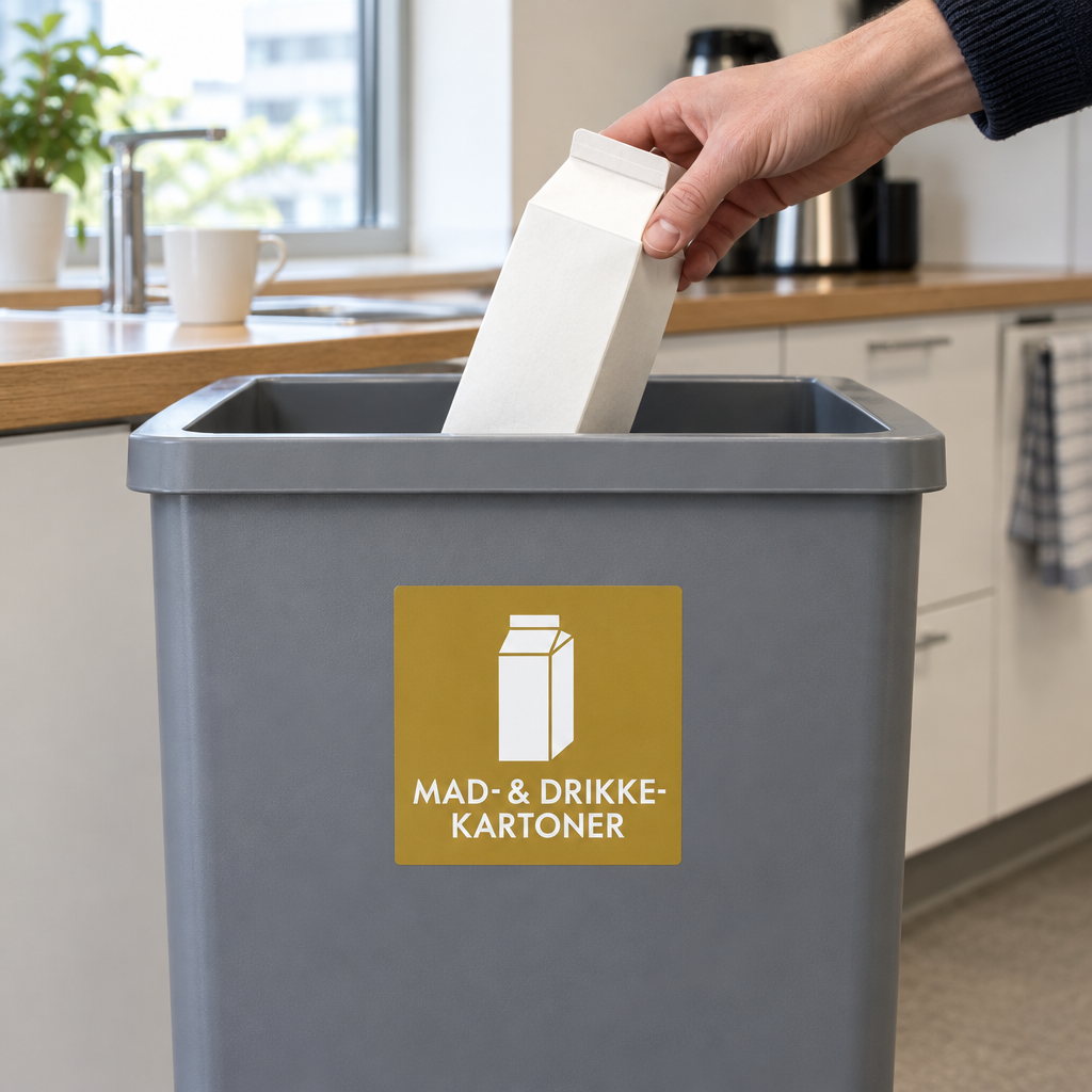 Brugssituation: mælkekarton lægges i beholder med piktogram til mad- og drikkekartoner