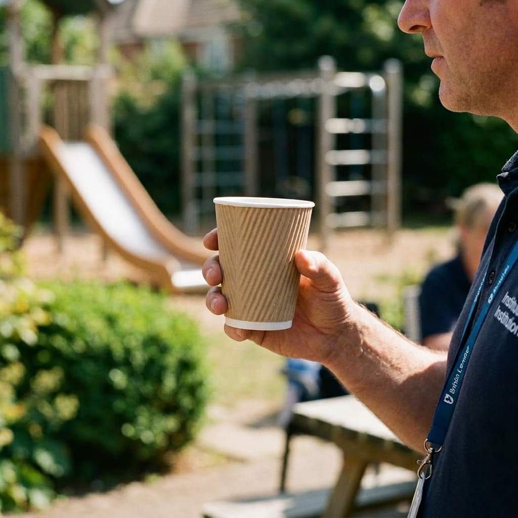 Voksen medarbejder med kaffebæger uden tryk ved solrig institution