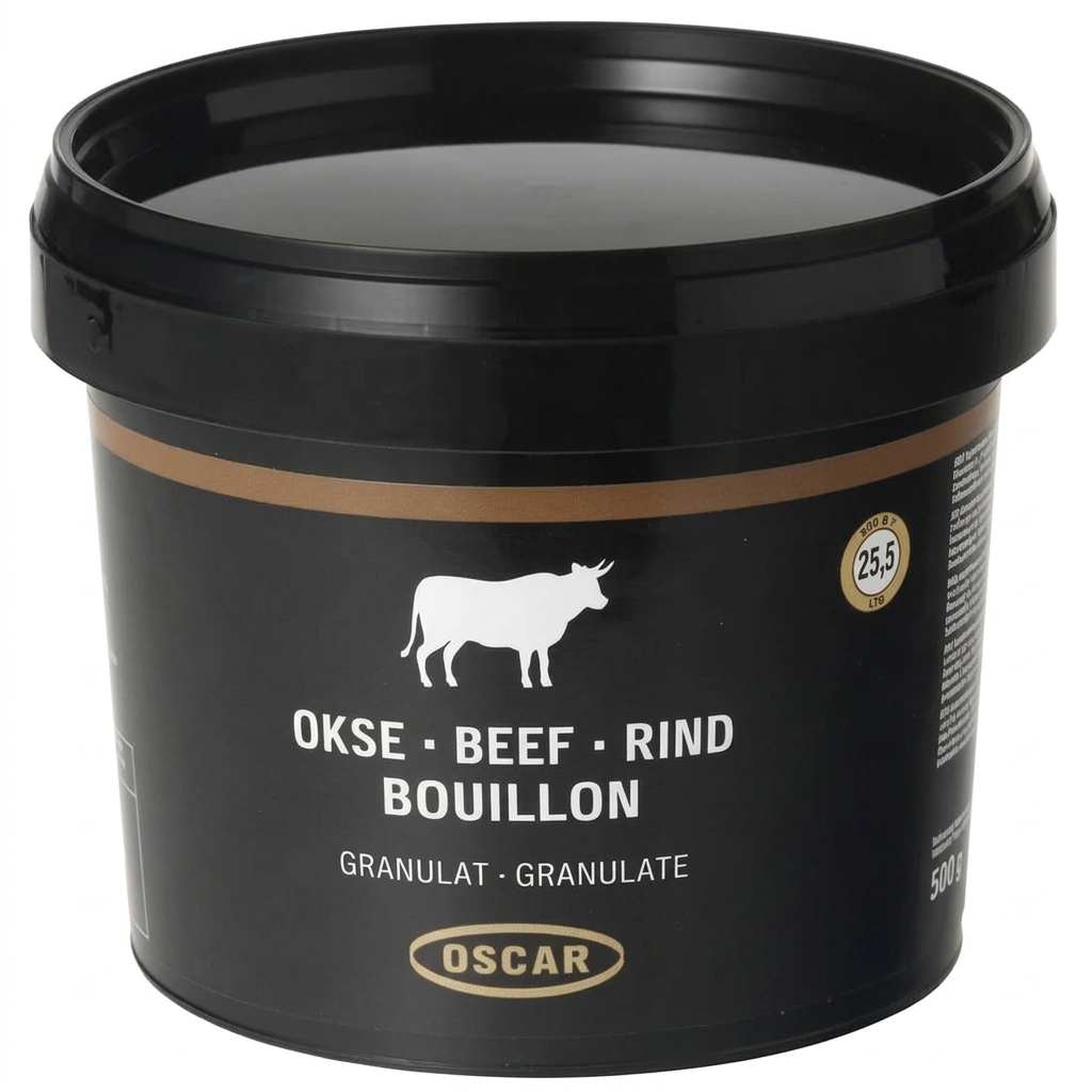 OSCAR oksebouillon i granulat, bøtte med 500 g på hvid baggrund