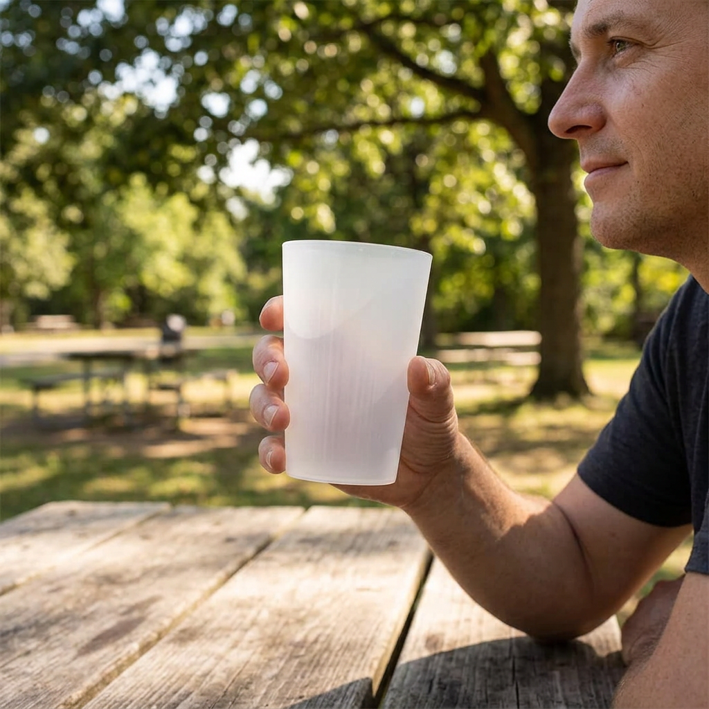 Voksen holder et frosted hvidt flergangsdrikkeglas ved et picnicbord i solskin
