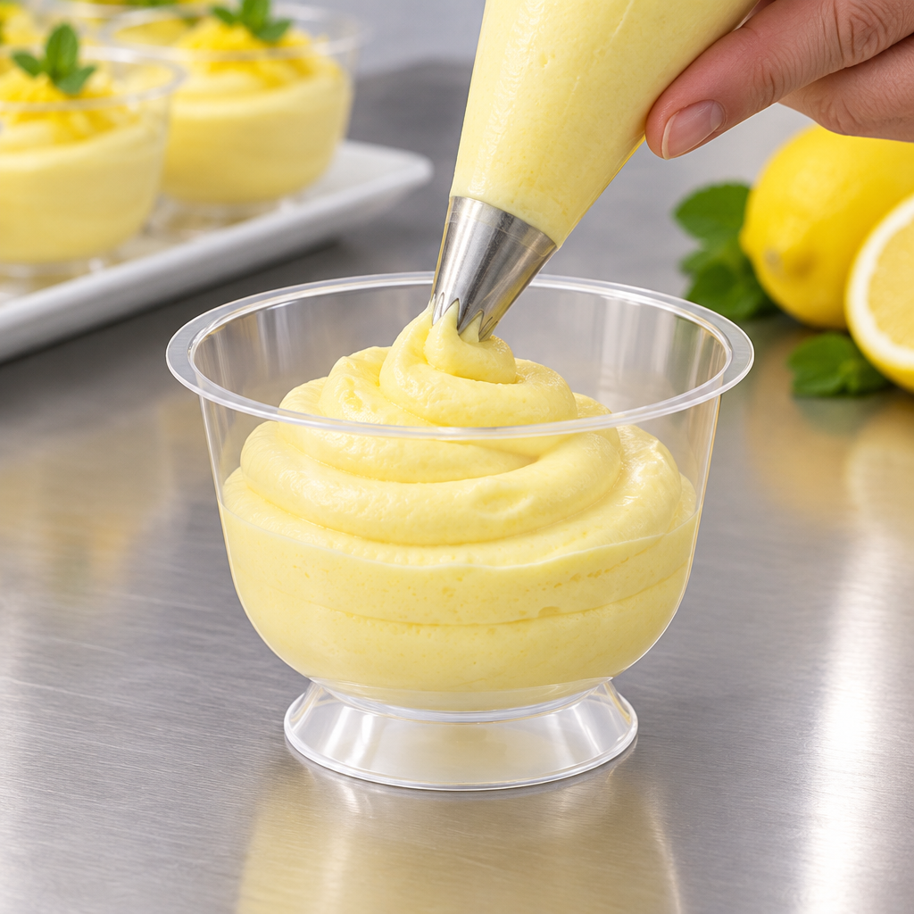 Dessertbæger fyldes med citronmousse