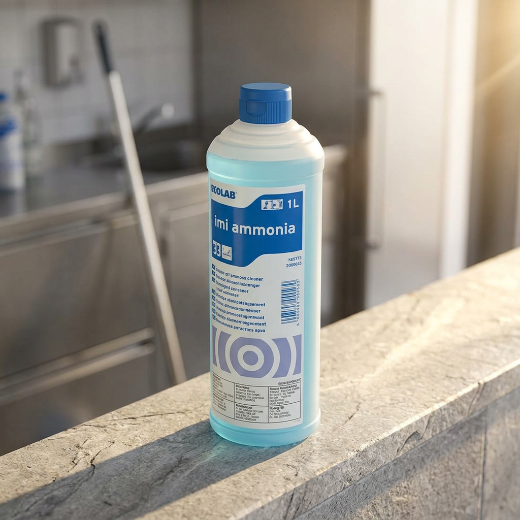 Imi Ammonia 1-liters flaske i nærbillede ved et solbelyst vindue