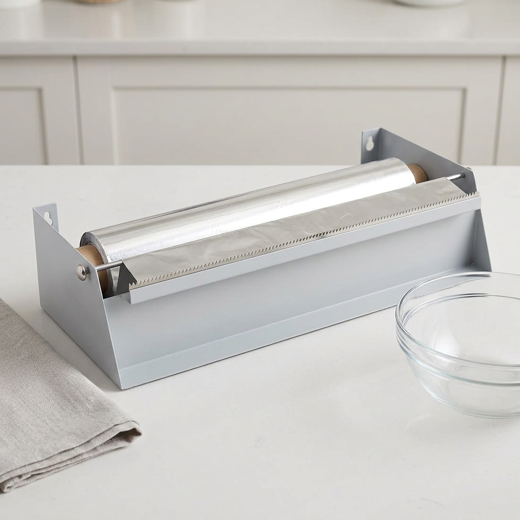 Metaldispenser til 45 cm film og stanniol på rent køkkenbord, stemningsbillede