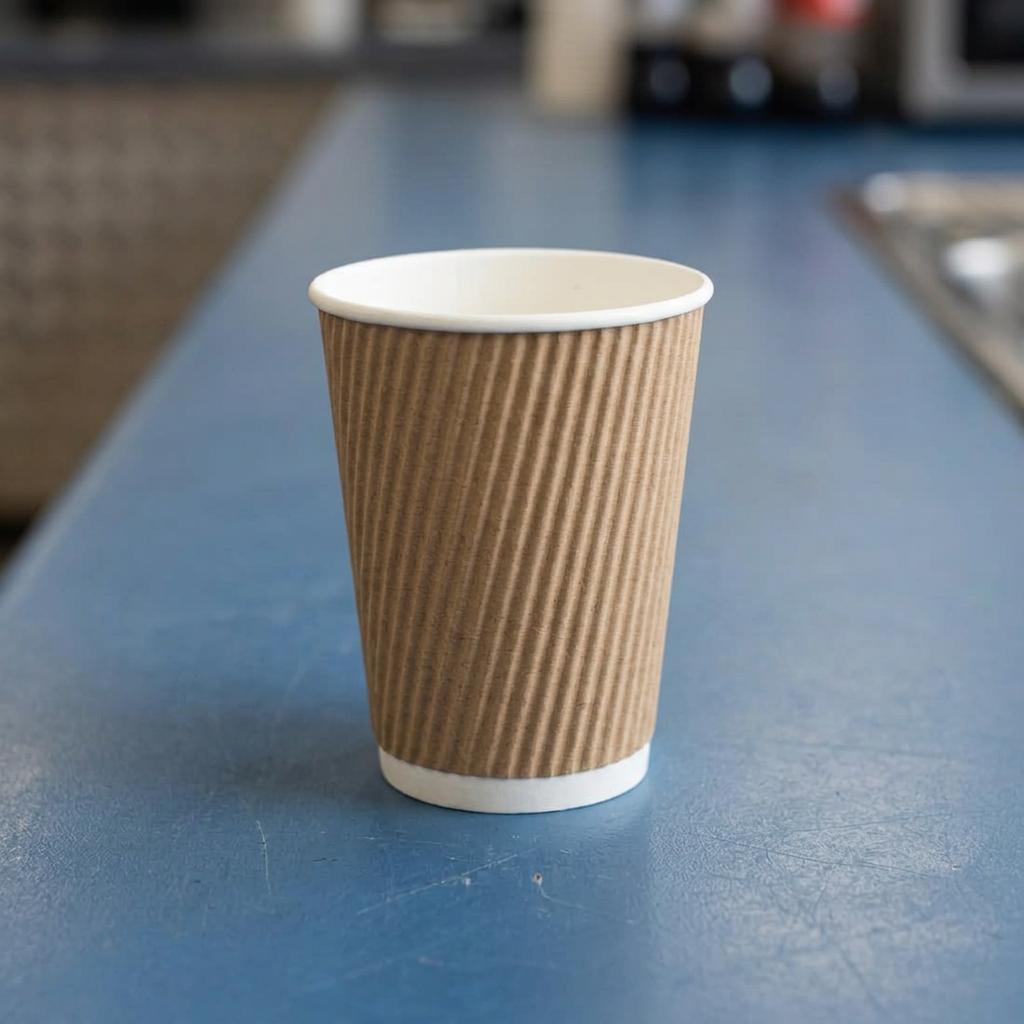 Brunt Ripple-Wrap kaffebæger 36 cl på blå bordplade i kantine